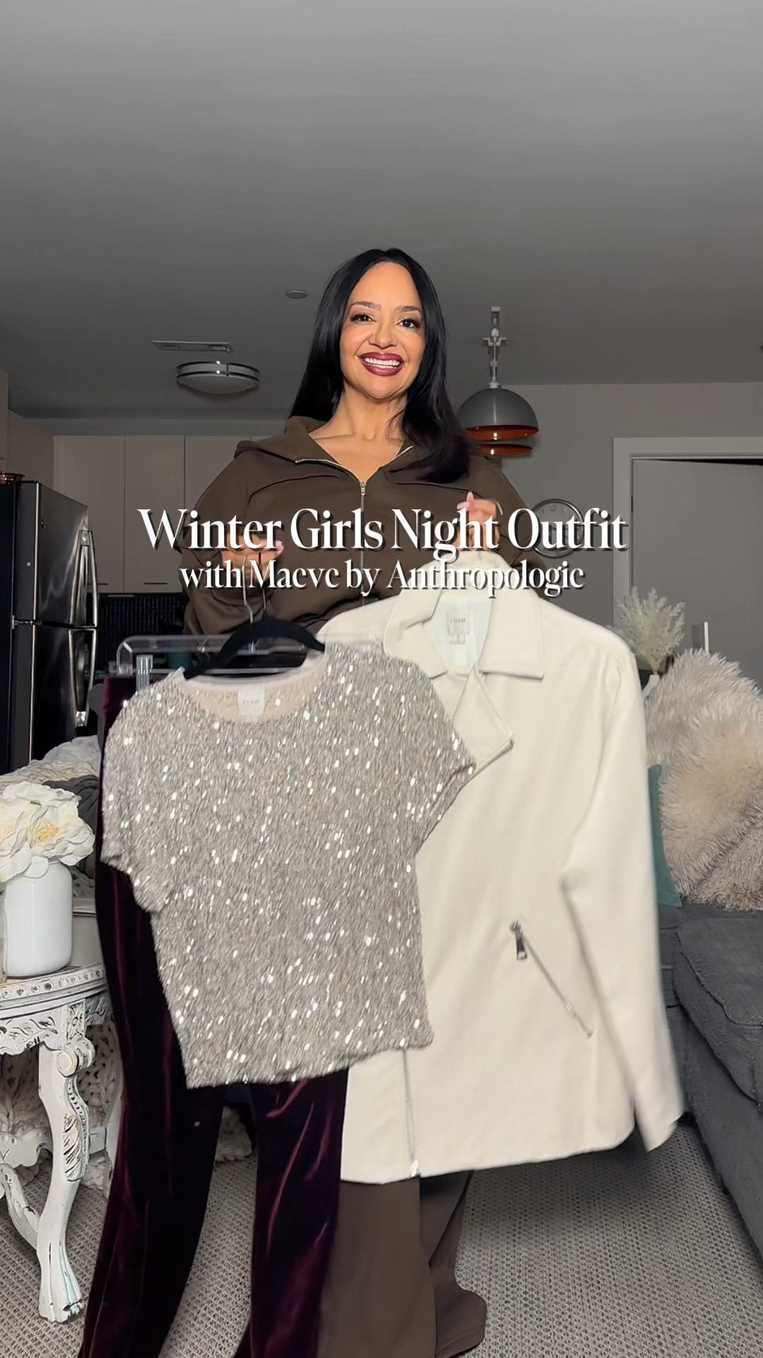 Winter Girls Night Out Outfit with Maeve by Anthropologie ❄️❤️ 

Sizing ⬇️

5’3 • 155 lbs
Size 8 / Medium
Bust: 34DDD
Waist: 28”
Hips: 43”
Wearing Size Medium in all pieces

sequin tshirt, velvet pants, leather jacket, over 40 style, petite, curvy fashion, date outfit, drinks outfit  

#LTKOver40 #LTKPetite #LTKStyleTip