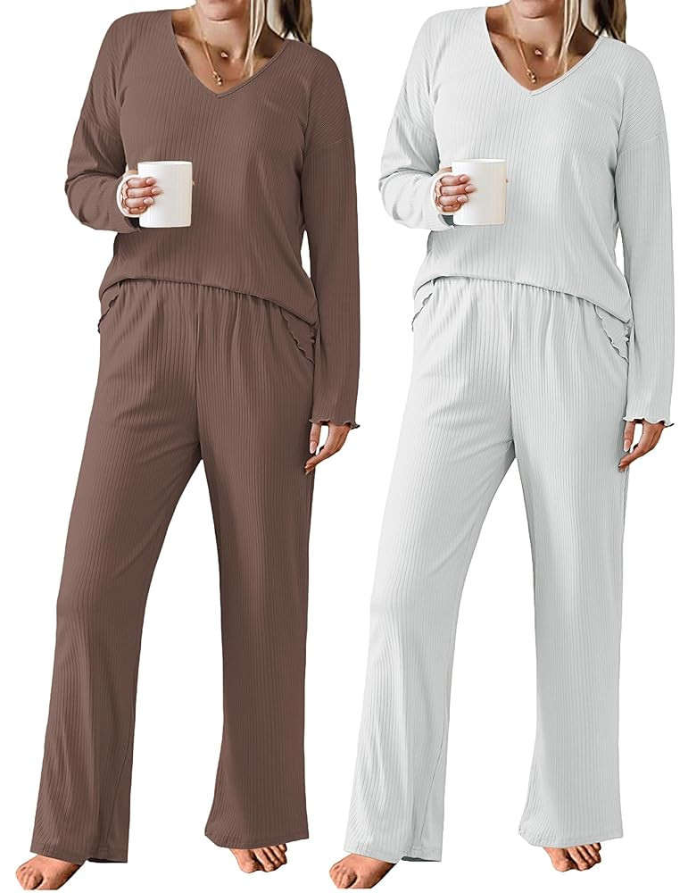Ekouaer 2 Pack：Womens Ribbed Knit Pajama Set with Pockets Long Sleeve PJs V Neck Soft Loungewea... | Amazon (US)