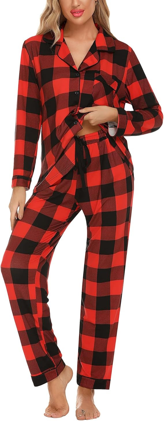 Anjue Pajamas for Women Soft Button Up Pajama Set Long Sleeve Shirt and Pajama Pants Lounge Sets ... | Amazon (US)