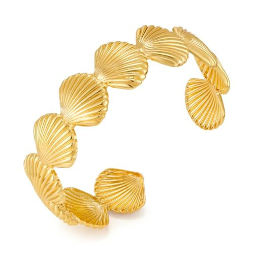 FAUTHENTICUTE Gold Shell Cuff Bracelet For Women Summer Adjustable Open Cuff Bangles With Striped Scallop Statement Boho Jewelry Gift | Amazon (US)