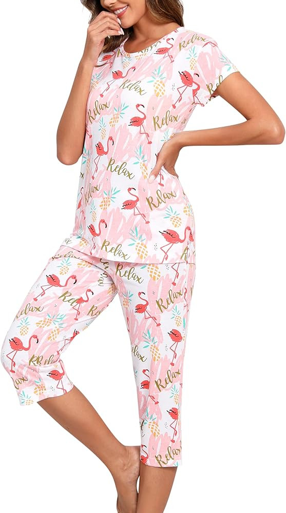 PNAEONG Women Pajama Set Sleepwear Tops with Capri Pants Casual and Fun Prints Pajama Sets | Amazon (US)