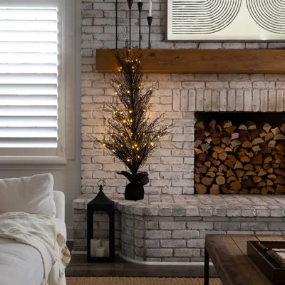 Pre-Lit Halloween Black Twig Artificial Fall Tree in Burlap Planter | Wayfair North America