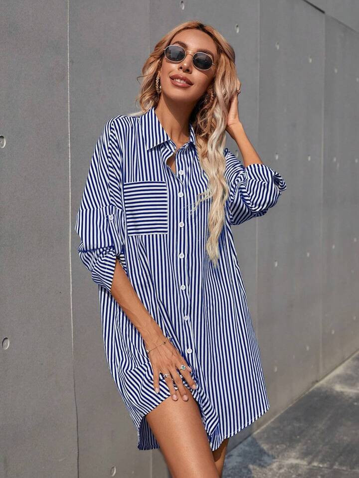 SHEIN Frenchy Women's Striped Rolled Sleeve Shirt Dress | SHEIN