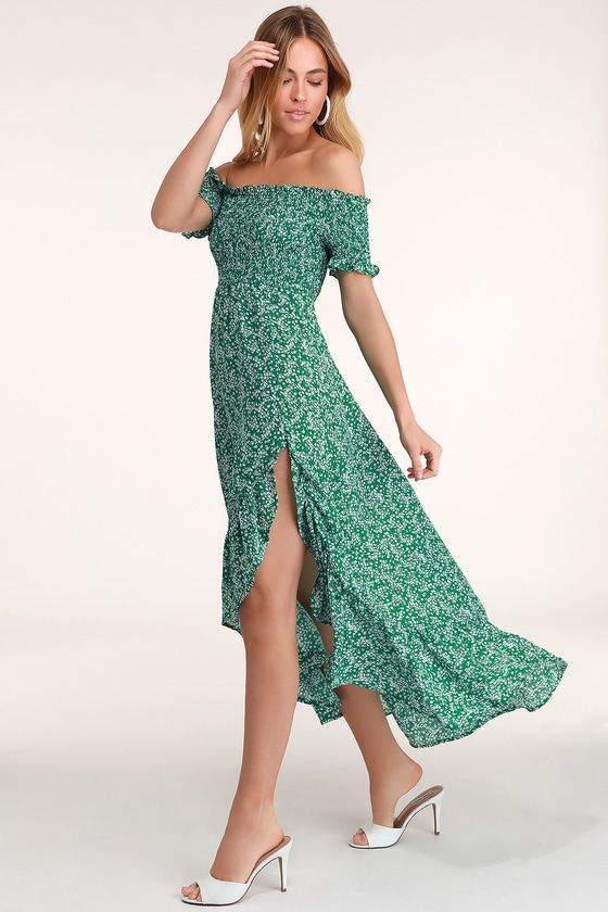 Fleur-tation Green Floral Print Off-the-Shoulder Midi Dress | Lulus (US)