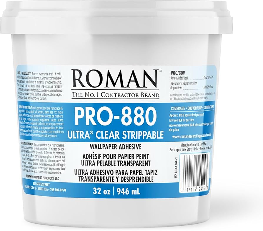 Roman Ultra Clear Strippable Wallpaper Adhesive, Clear Glue, Zero VOC, PRO-880 (32 Ounce - 80 sq.... | Amazon (US)