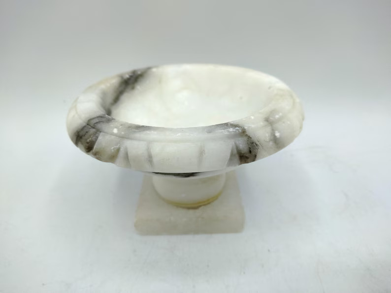 Alabaster Bird Bath 2.12hx3.5w, Vintage Hand Carved Stone Pedestal Bowl, No Doves, White W/ Black... | Etsy (US)