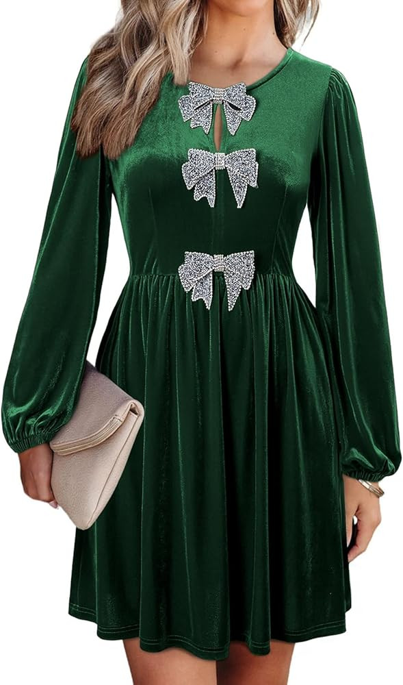 Happy Sailed Womens Velvet Dress Fall Winter Long Sleeve Bowknot High Waisted A Line Cocktail Dre... | Amazon (US)