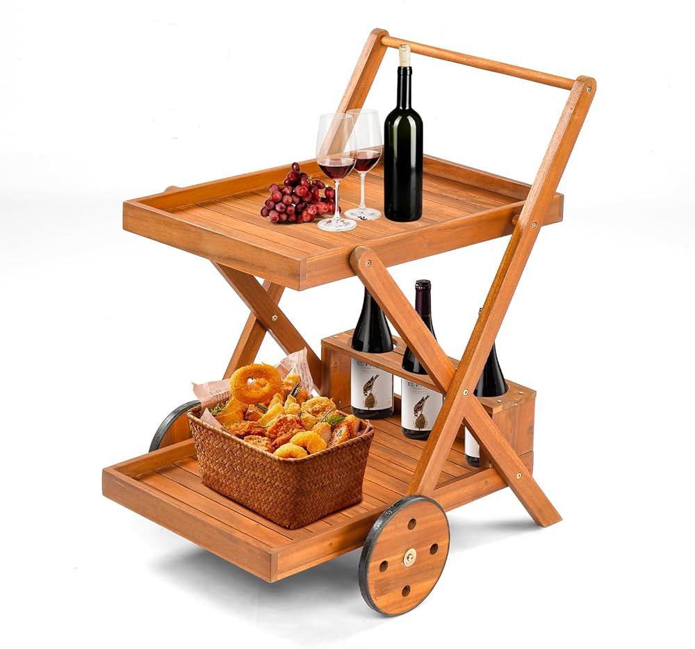 VINGLI 2-Tier Acacia Wood Bar Cart, Rolling Bar Carts with Wheels, Kitchen Serving Tea Cart for P... | Amazon (US)