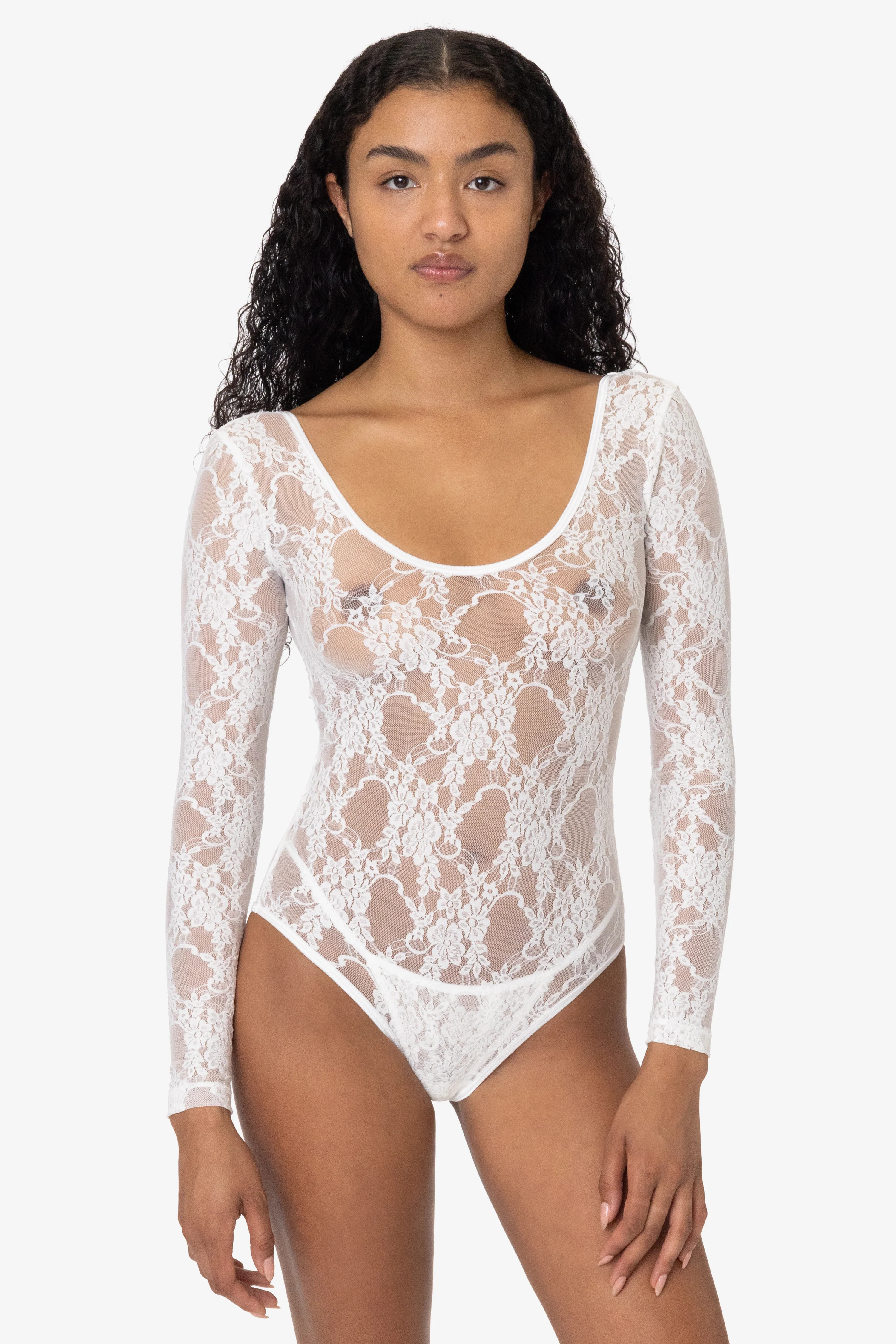 FNS328 - Floral Lace Long Sleeve Scoopneck Bodysuit - Off White / M | Los Angeles Apparel