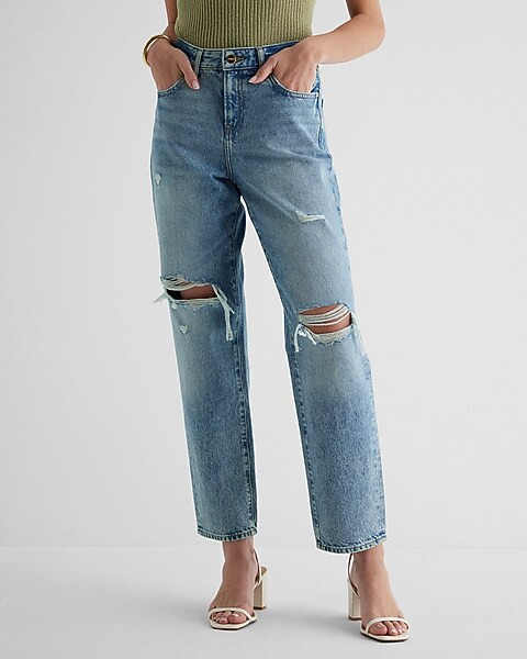 Mid Rise Medium Wash Ripped Boyfriend Jeans | Express