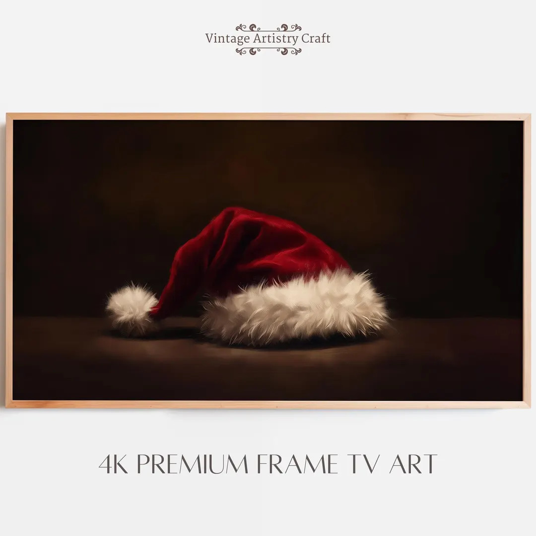 Winter Samsung Frame TV Art, Red Santa Hat, Vintage Santa Claus Oil Painting, Moody Farmhouse Dec... | Etsy (US)