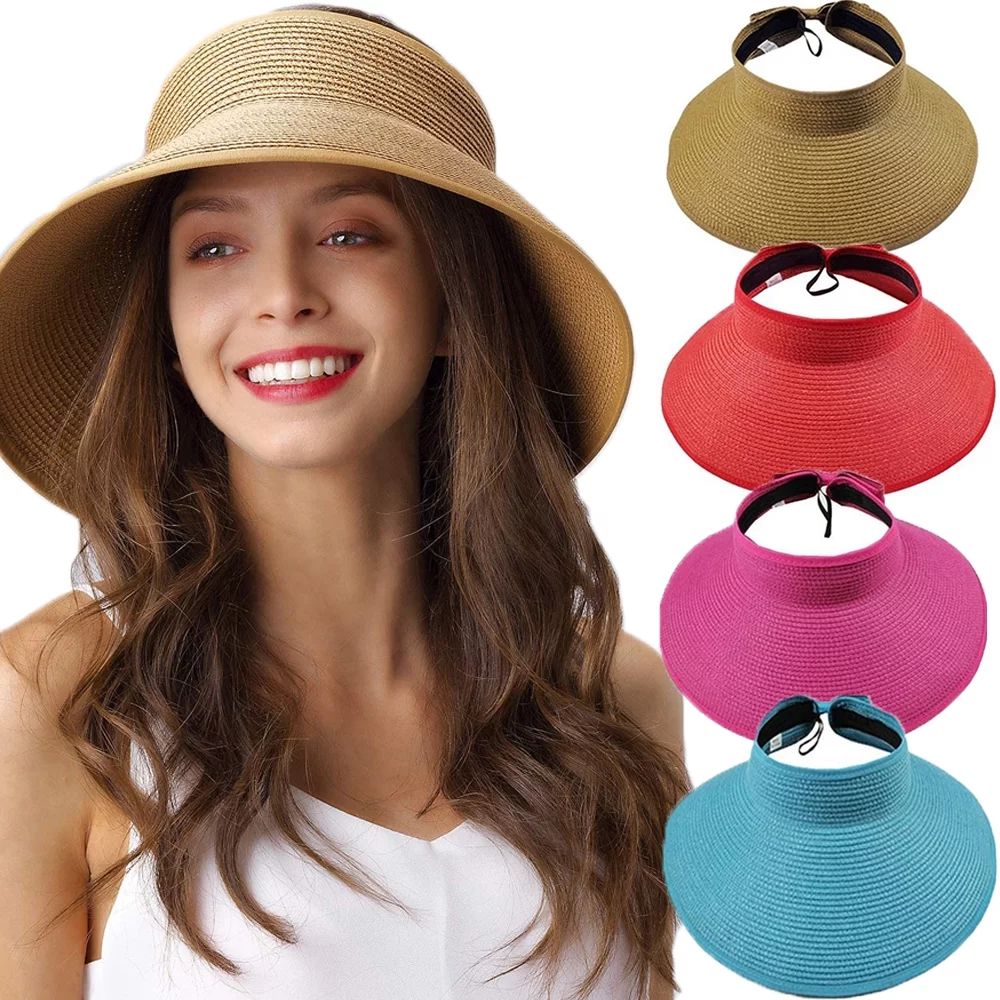Windfall Women Foldable Straw Sun Visors , Sun Protecetion Wide Brim Sun Hats Adjustable Topless ... | Walmart (US)