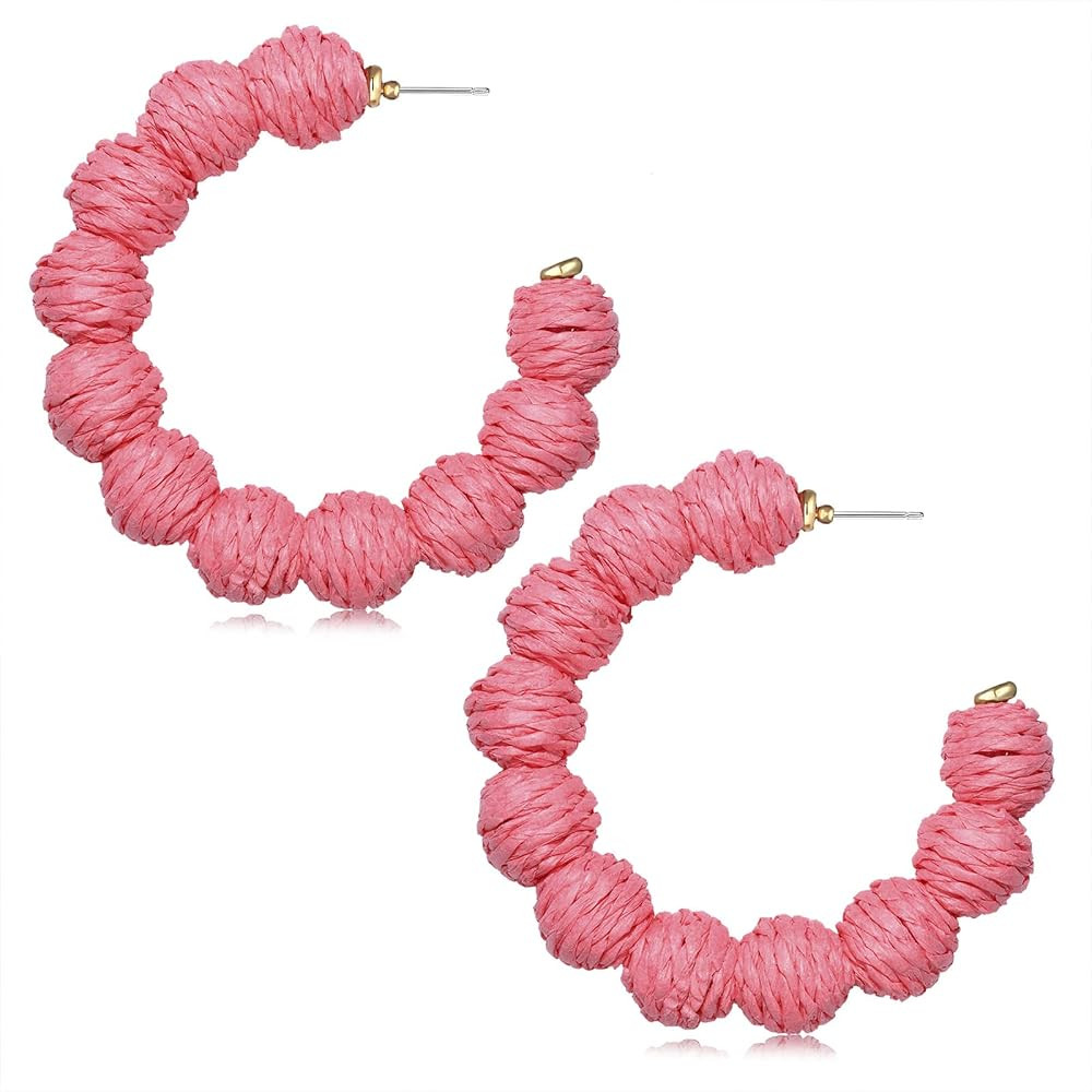 Rattan Earrings Handmade Rattan Ball Hoop Earrings for Women Retro Woven Straw Wicker Earrings Big G | Amazon (US)