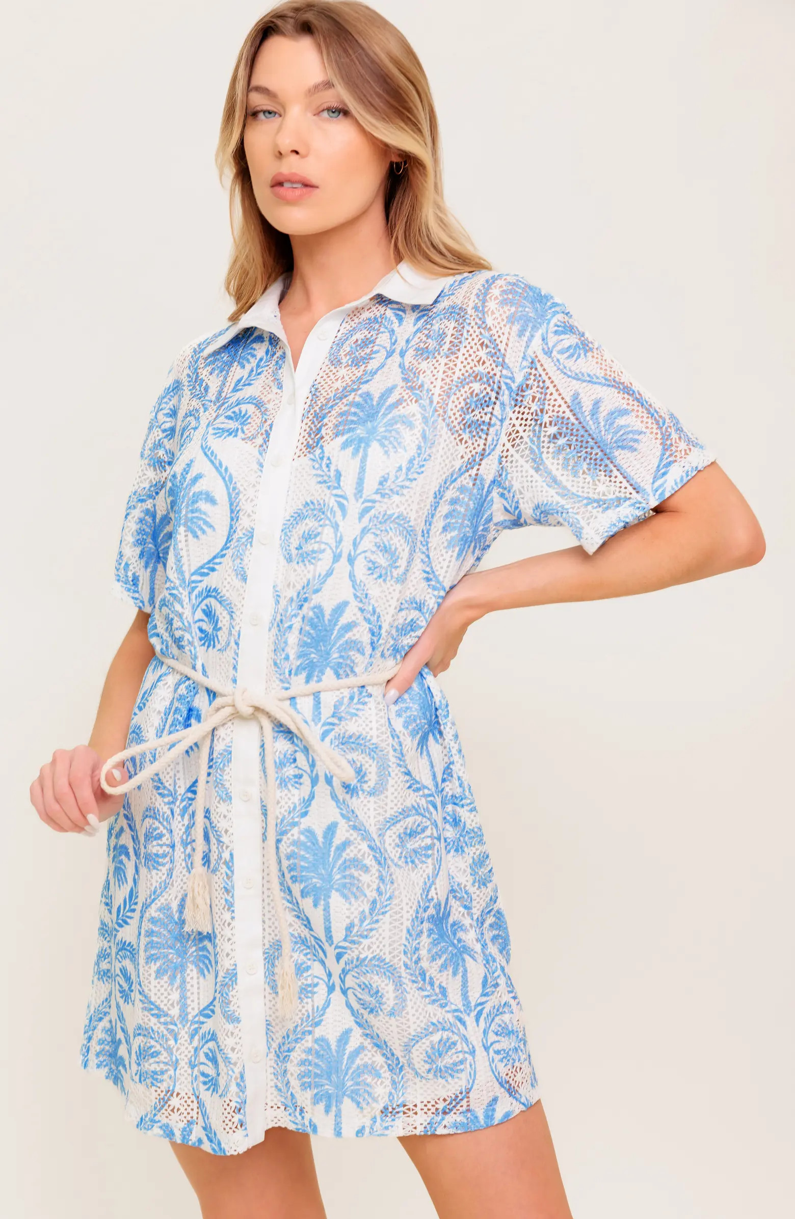 Palm Print Short Sleeve Lace Shirtdress | Nordstrom Rack