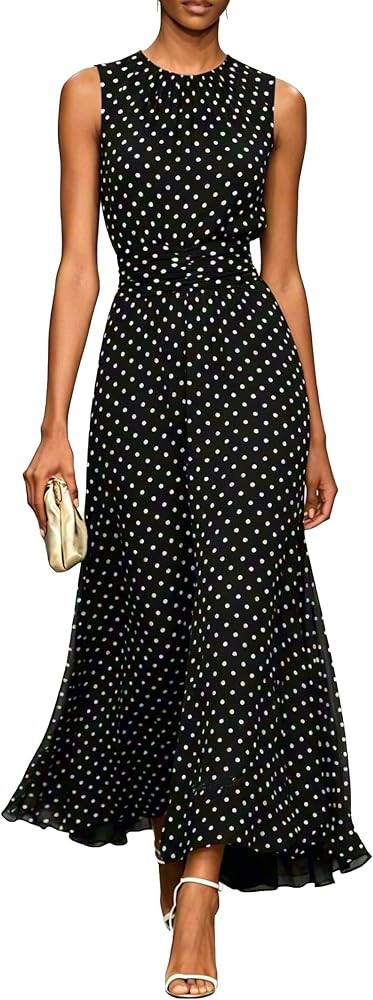 Women's Polka Dots Maxi Tank Dress Elegant Sleeveless Crew Neck Long Dresses Trendy Dress Sexy Su... | Amazon (US)