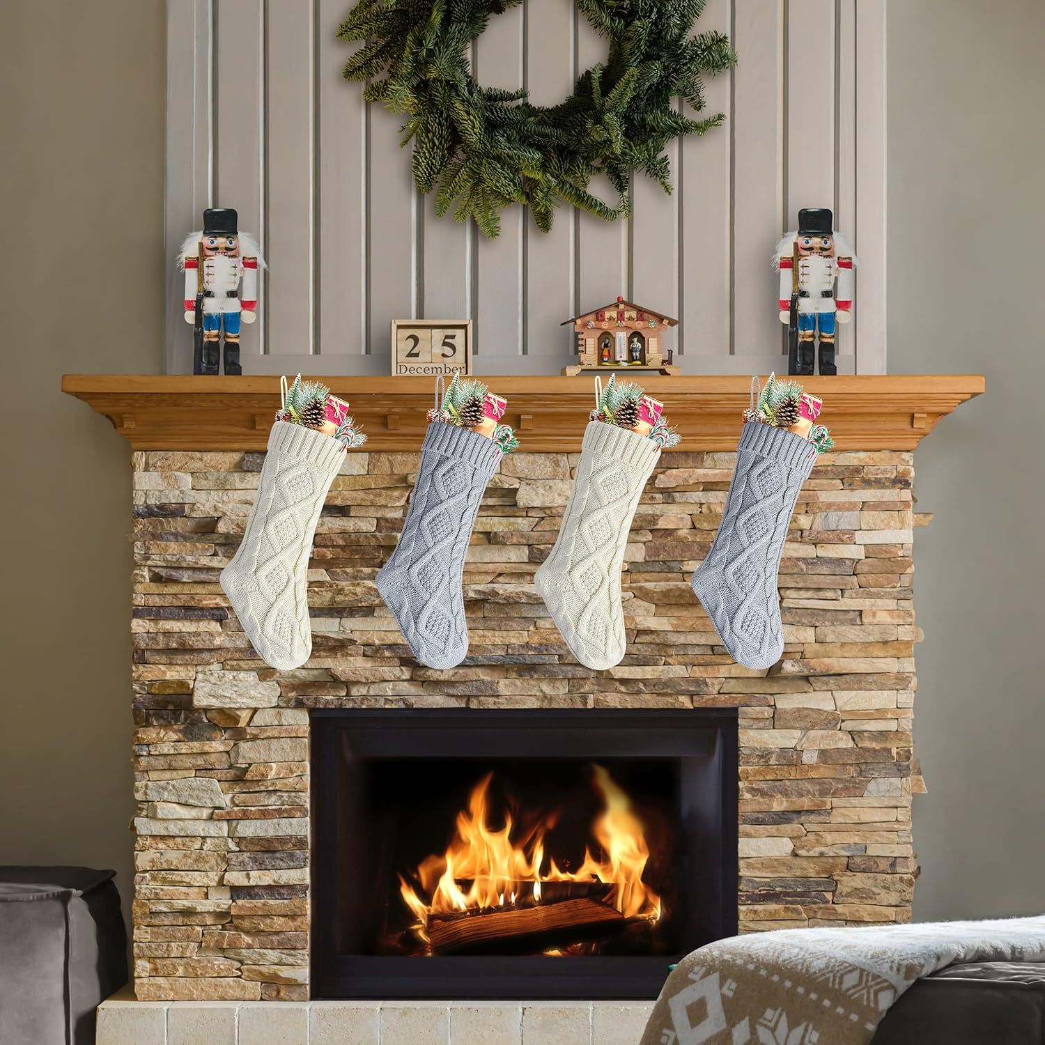 Kunyida Christmas Stockings 20 Inch Ivory and Gray Cable Knit Xmas Stockings for Family Christmas... | Amazon (US)