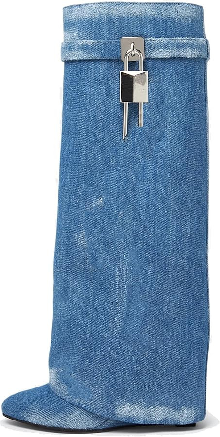 keleimusi Fold Over Wedge Boots Heeled PadLock Pant Knee High Shoes Tall/Short Booties in Black | Amazon (US)