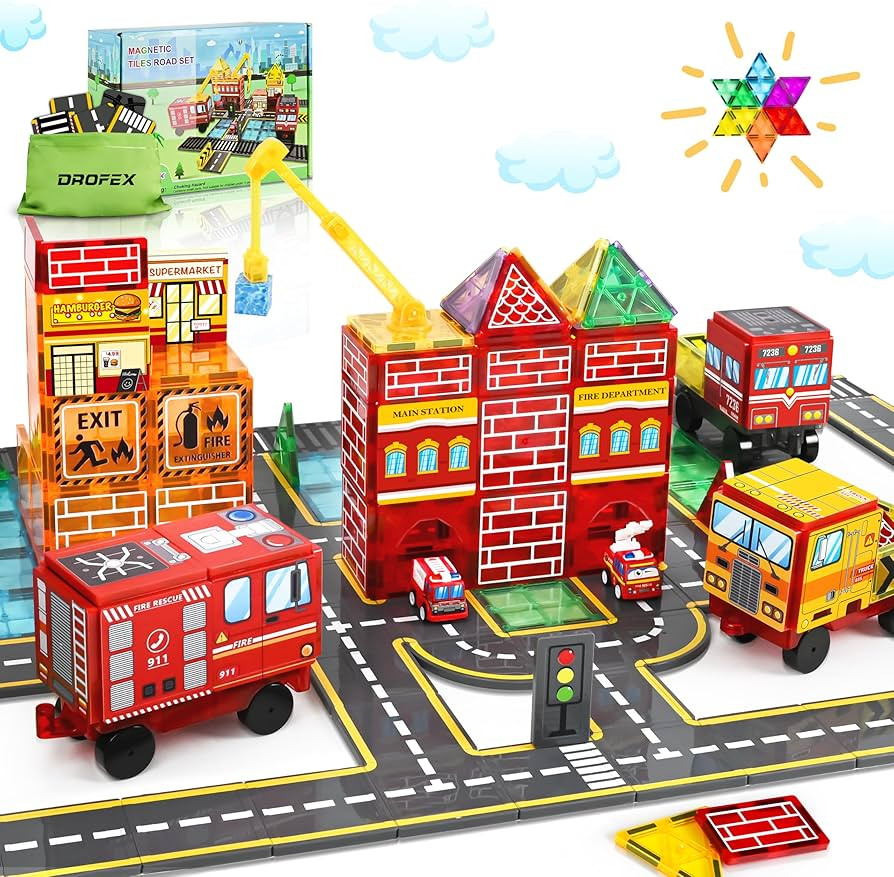 Magnetic Tiles Road Set with Fire Truck Magnetic Crane, Creative Construction Toys for Kids Ages ... | Amazon (US)