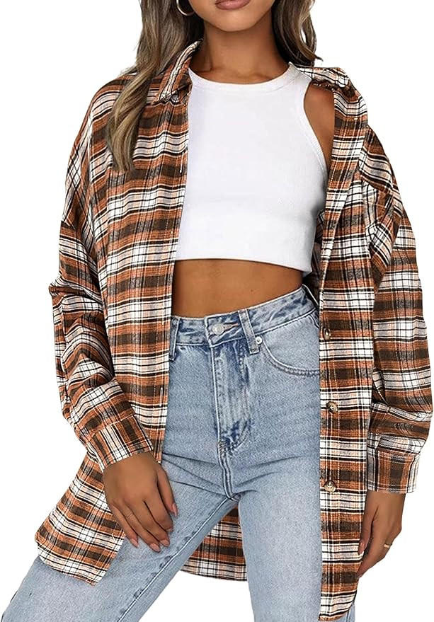 HOTOUCH Womens Plaid Flannel Shirts Casual Long Sleeve Lightweight Shackets Collared Button Down ... | Amazon (US)