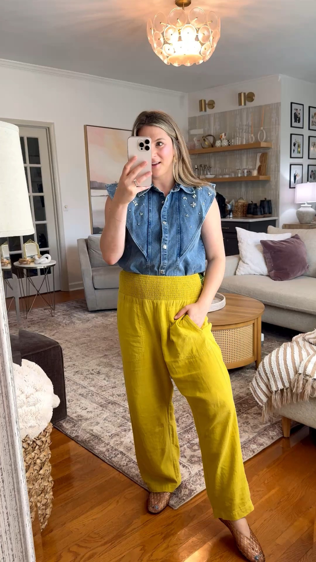 Perfect summer pants linen pants pull on from Anthropologie and a slight barrel pant 

Denim top with embellishments perfect Nashville statement top 

Jelly flats from dolce vita - so comfortable with padding. 

Casual office outfit fun casual work wear and comfortable pants with elastic waist 

Julie Vos earrings gold door knocker

#LTKgrwm #LTKootd #LTKWorkwear
