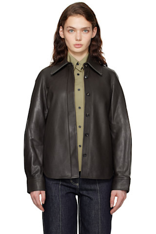 Brown Structured Button Down Leather Shirt | SSENSE