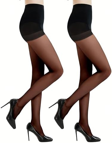 2 Pairs Women's Black Tights - 20D Silky Control Top Pantyhose for Reinforced Toes - Smooth & Dur... | Amazon (US)