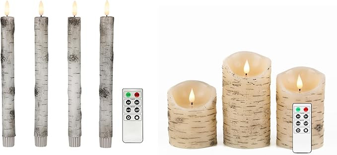 4 Birch Flameless Taper Candles and 3 Battery Birch Bark Pillar Candles with Remotes, Batteries I... | Amazon (US)