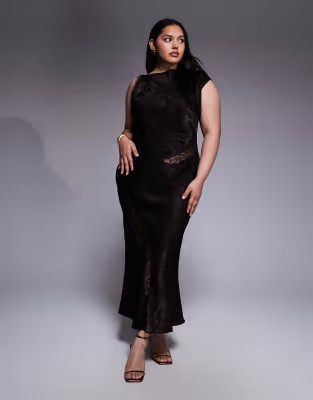 ASOS DESIGN Curve slash neck satin bias lace detail maxi dress in chocolate | ASOS (Global)