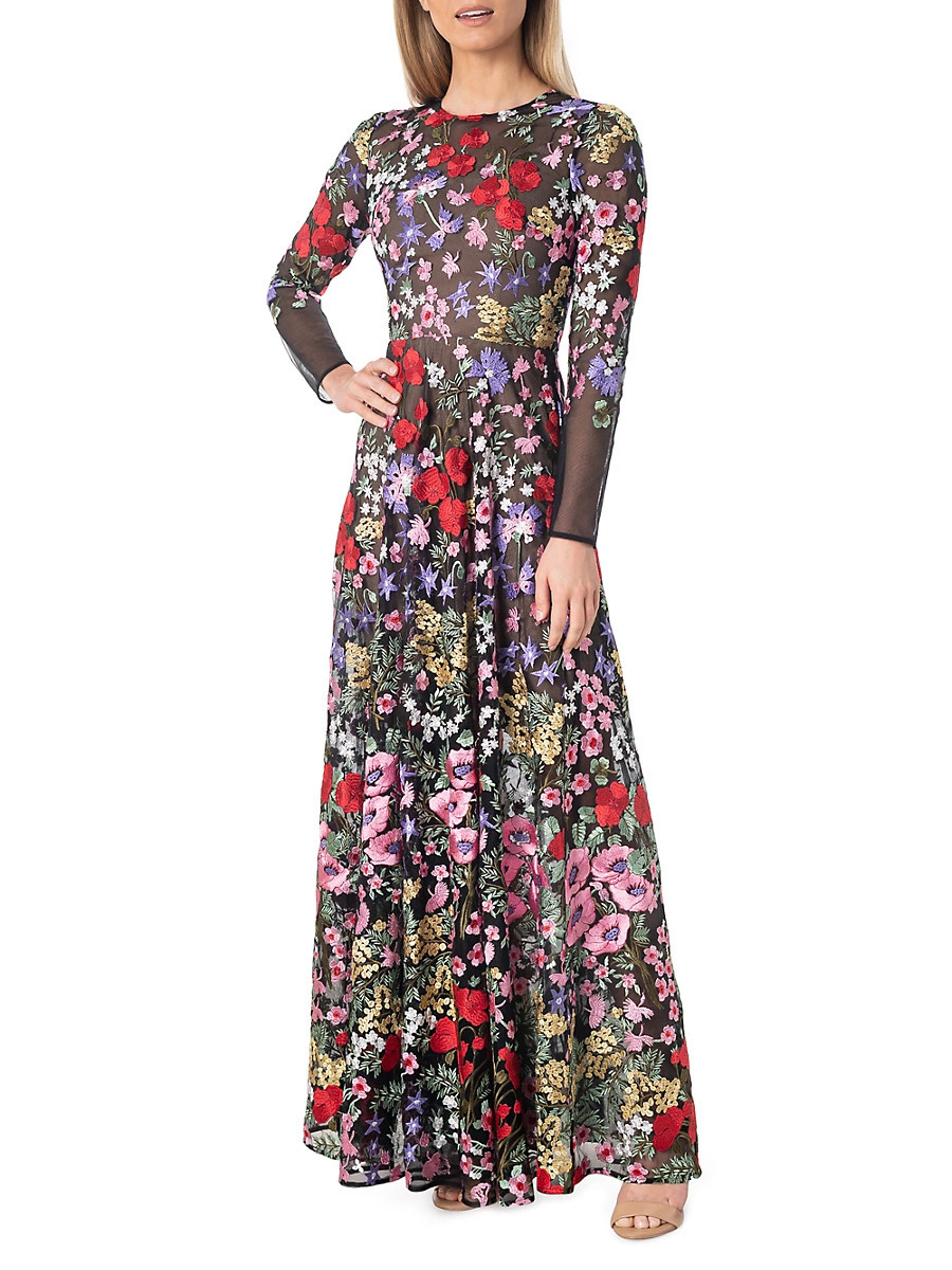 Women's Ava Embroidered Floral Gown - Rouge Multi - Size XXS | Saks Fifth Avenue