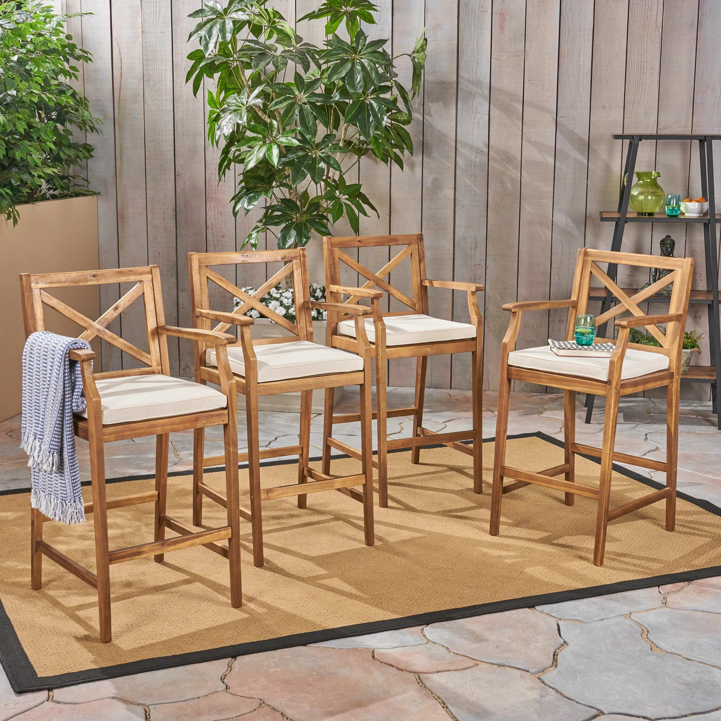 Danielle Outdoor Acacia Wood Bar Stools with Cushions, Set of 4, Teak, Cream | Walmart (US)