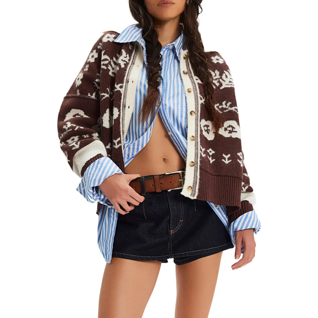 Free People Shelby Floral Jacquard Cardigan in Chocolate Combo at Nordstrom, Size Small | Nordstrom