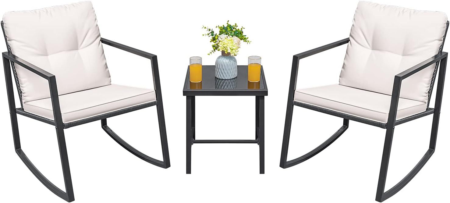 Greesum 3 Pieces Rocking Wicker Bistro Set, Patio Outdoor Furniture Conversation Sets with Porch ... | Amazon (US)