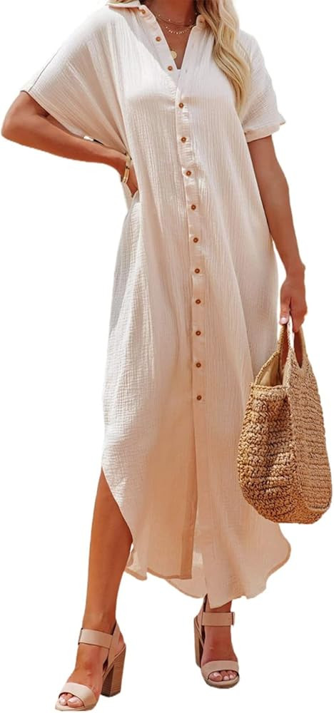Herseas Womens Casual Short Sleeve Button Down Dress Side Split Long Kimonos Cardigans Swimsuit C... | Amazon (US)