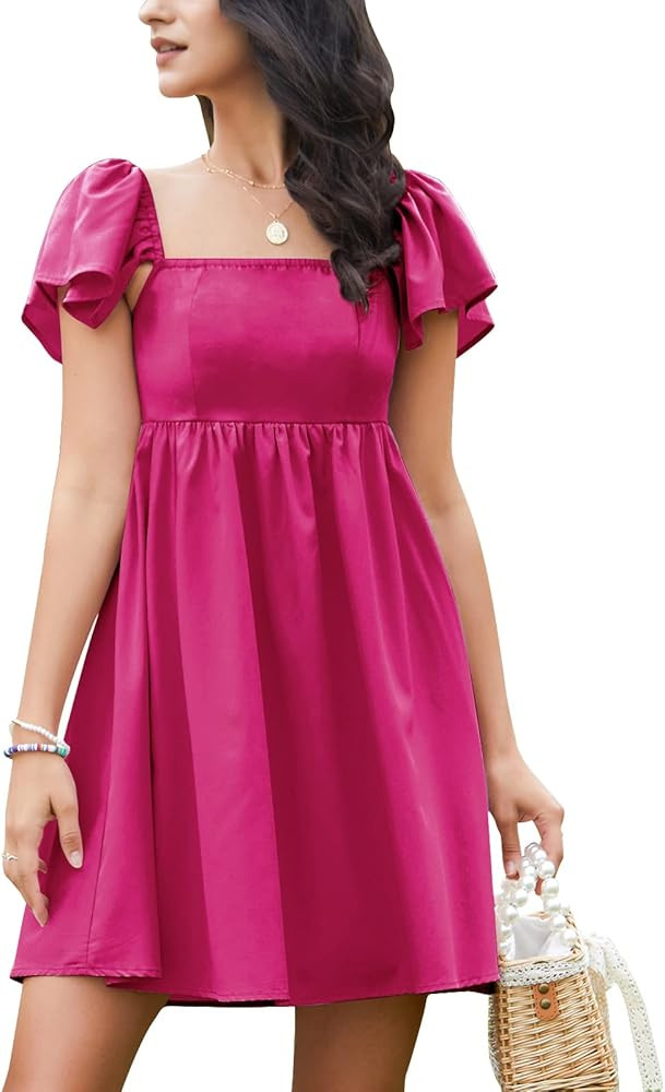 EXLURA Womens Square Neck Short Cap Sleeve Dress High Waist A-Line Casual Smocked Back Mini Dress | Amazon (US)