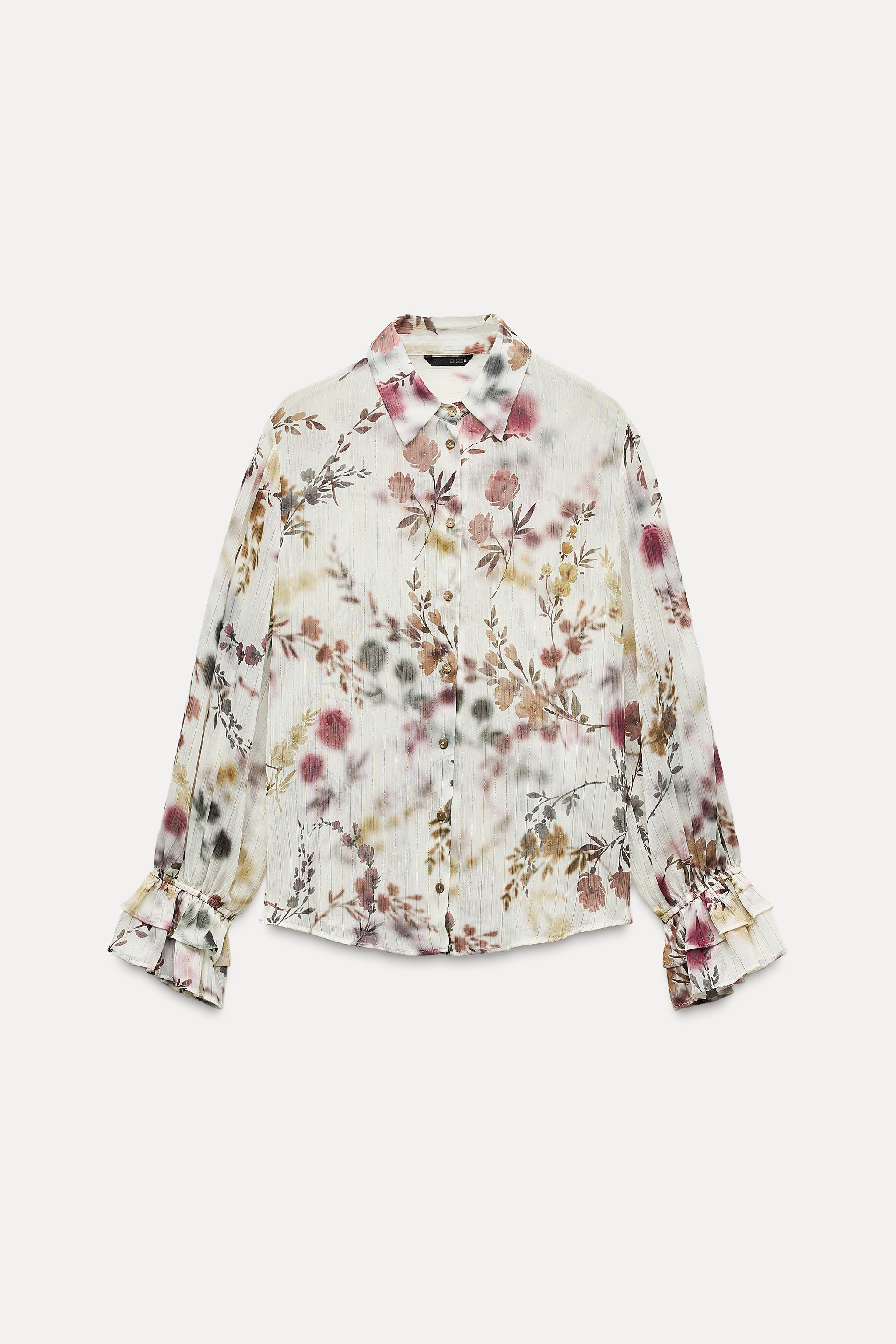 Semi-sheer shirt with lapel collar and long sleeves with elastic and ruffle cuffs. Front button c... | Zara US