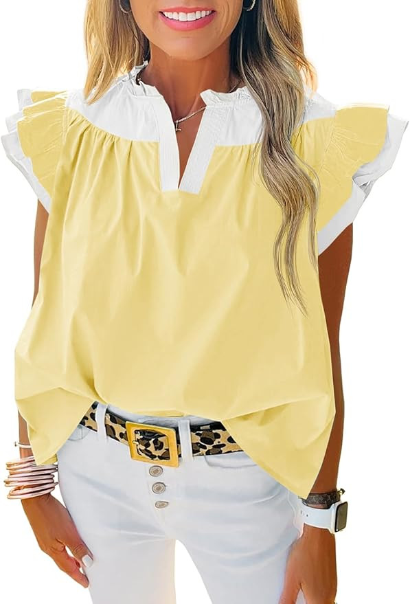 Tankaneo Womens Ruffle Color Block Tank Tops Summer Casual Dressy V Neck Pleated Blouse Loose Fit... | Amazon (US)