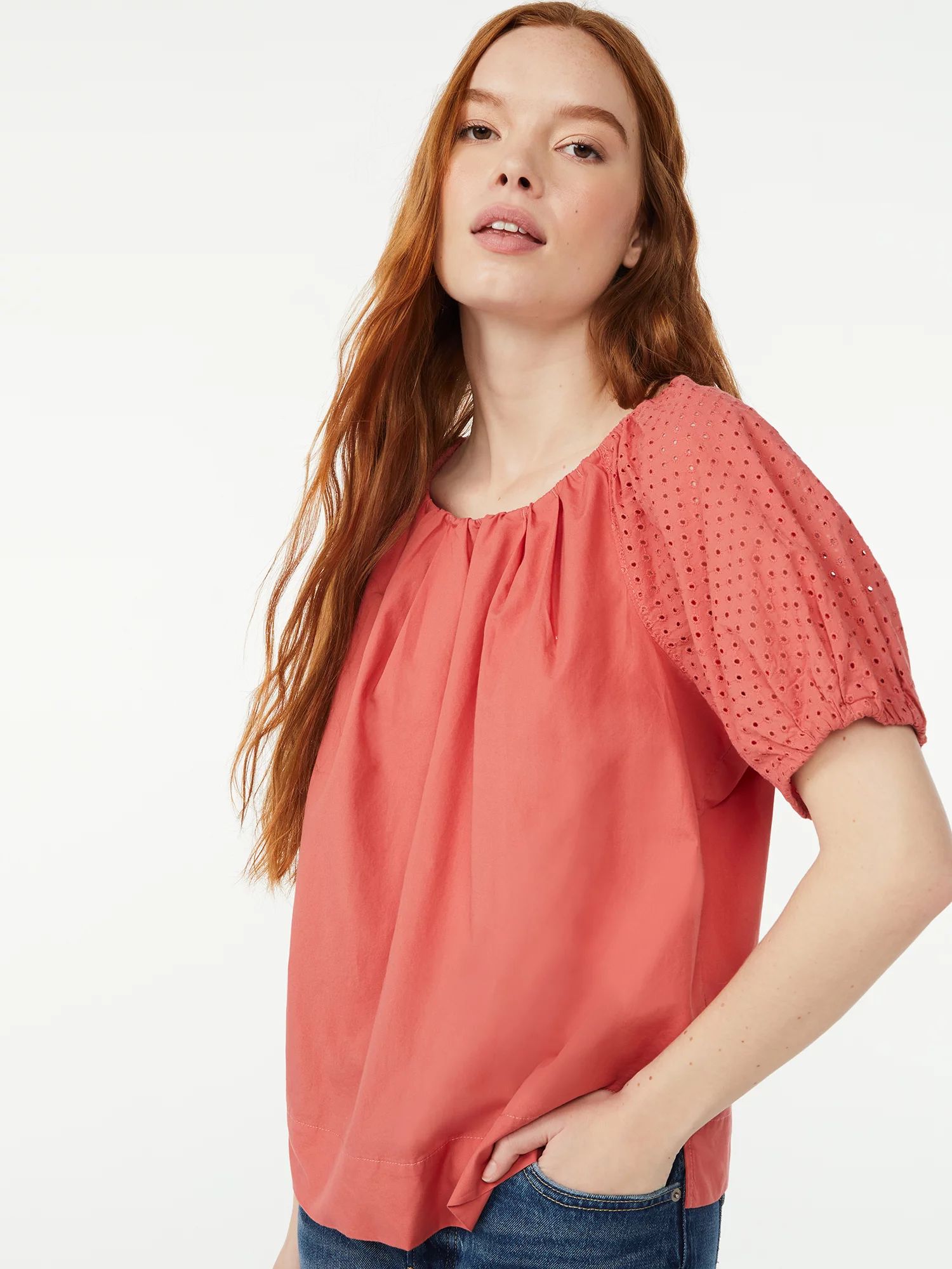 Free Assembly Women's Pleated Blouson Top with Short Sleeves | Walmart (US)