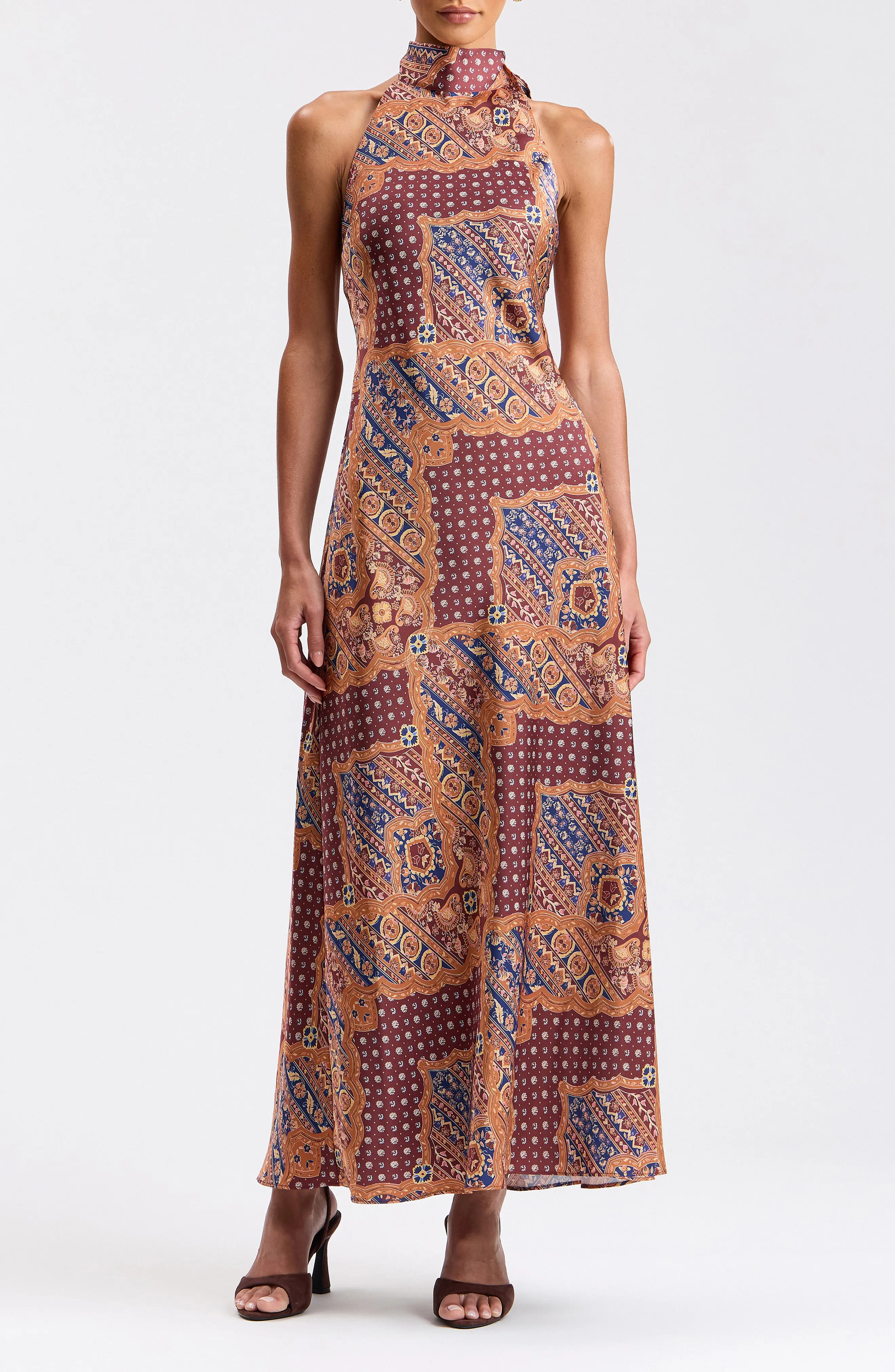 Avec Les Filles Scarf Print Halter Neck Satin Maxi Dress (Women) | Nordstrom | Nordstrom
