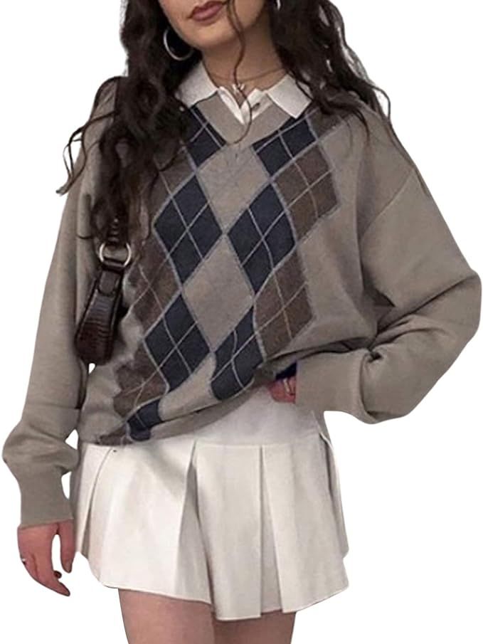 Womens Color Block Sweater Pullover College Knit Vintage Argyle Plaid Sweater Sweatshirts Outwear | Amazon (US)