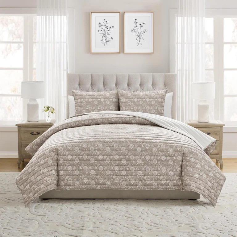 My Texas House Floral Pick Stitch 3-Piece Taupe Adult Quilt Set, King | Walmart (US)