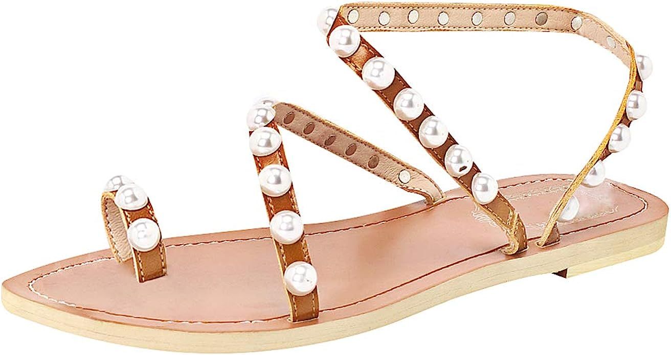 ANUFER Women's Bohemia Pearls Toe Ring Sandals/Slippers Summer Flat Flip Flops Beach Shoes | Amazon (US)
