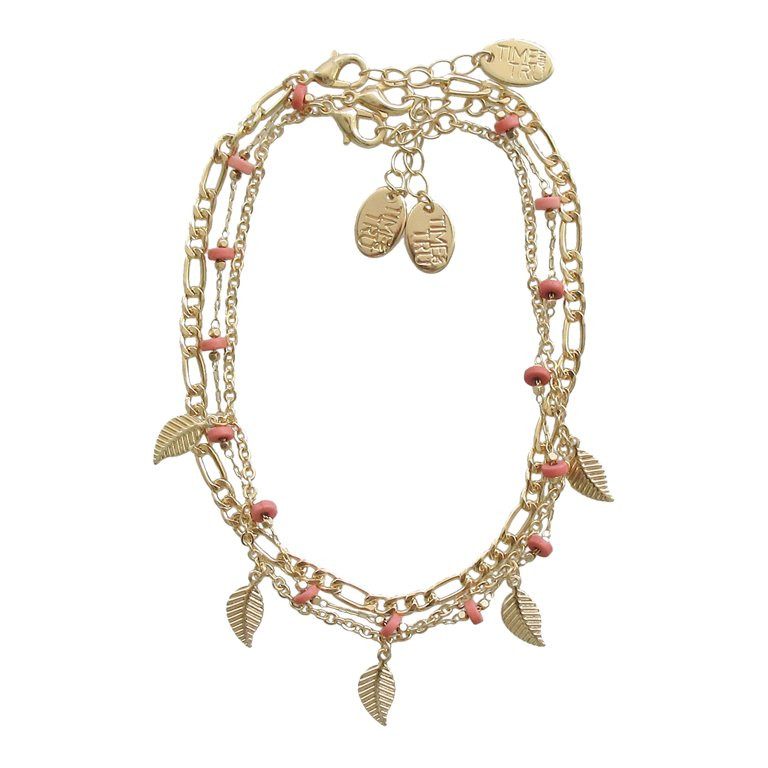 Time and Tru Women's Bashful Pink 3Pc Bead, Link Chain, Leaf Drop Anklet Set | Walmart (US)