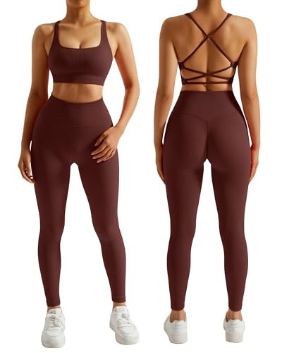 RXRXCOCO Ribbed Workout Sets for Women 2 Piece Backless Strappy Sports Bra Seamless Leggings Matching Set Yoga Outfits Coffee X-Small | Amazon (US)