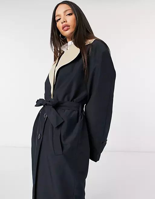 ASOS DESIGN tall contrast trench coat in black and stone | ASOS (Global)