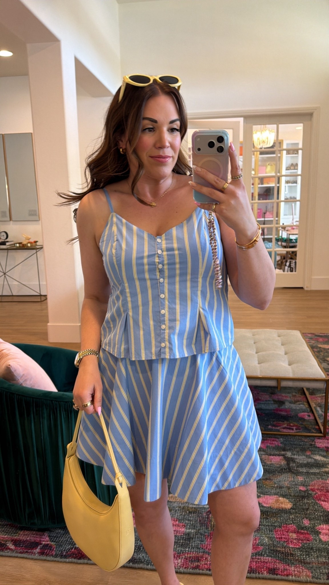 curvy midsize spring look! wearing large in blue and yellow striped top and skort set! 25% off currently! 

#LTKSeasonal #LTKSpringSale #LTKMidsize