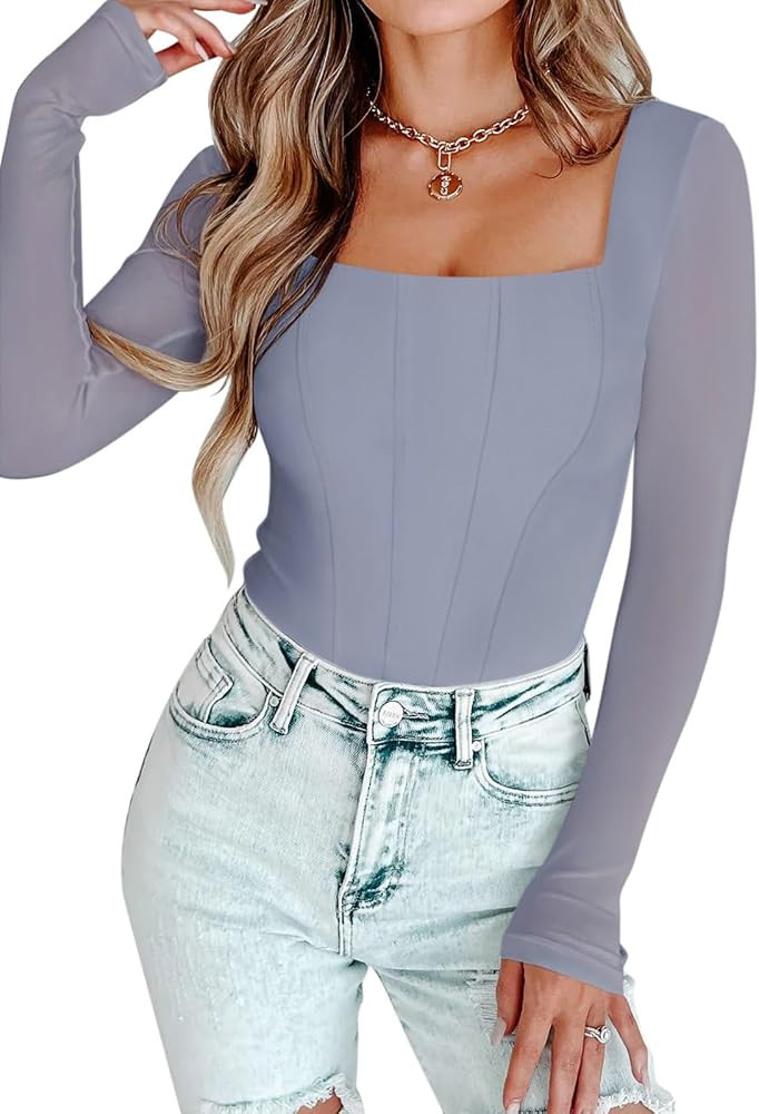PINKMSTYLE Womens Square Neck Mesh Long Sleeve Bodysuit Shapewear Corset Tops Sexy Concert Outfit... | Amazon (US)