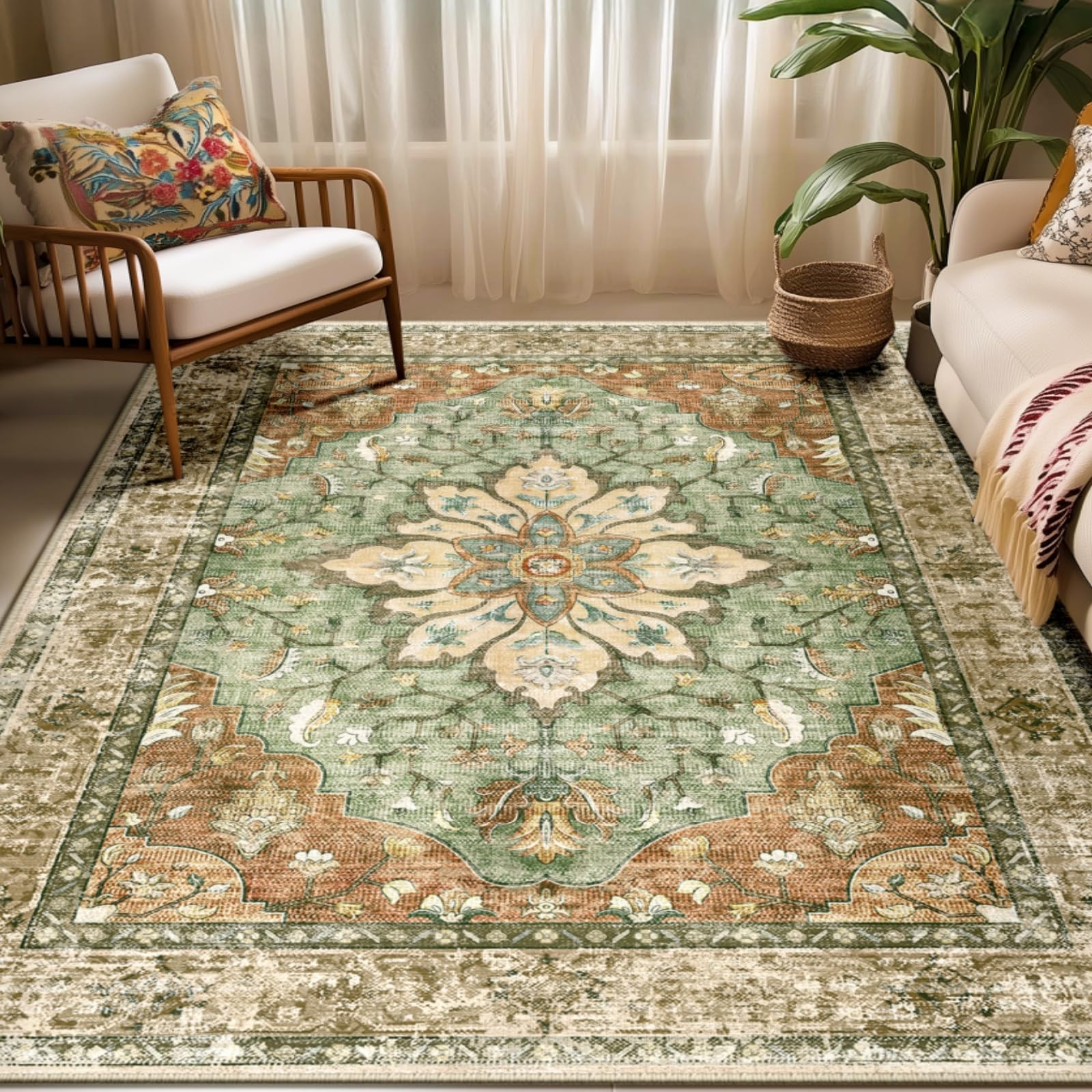 Area Rugs 5'x7' Washable Non-Slip, Floral Vintage Distress Print Pattern Medallion Carpet for Liv... | Amazon (US)