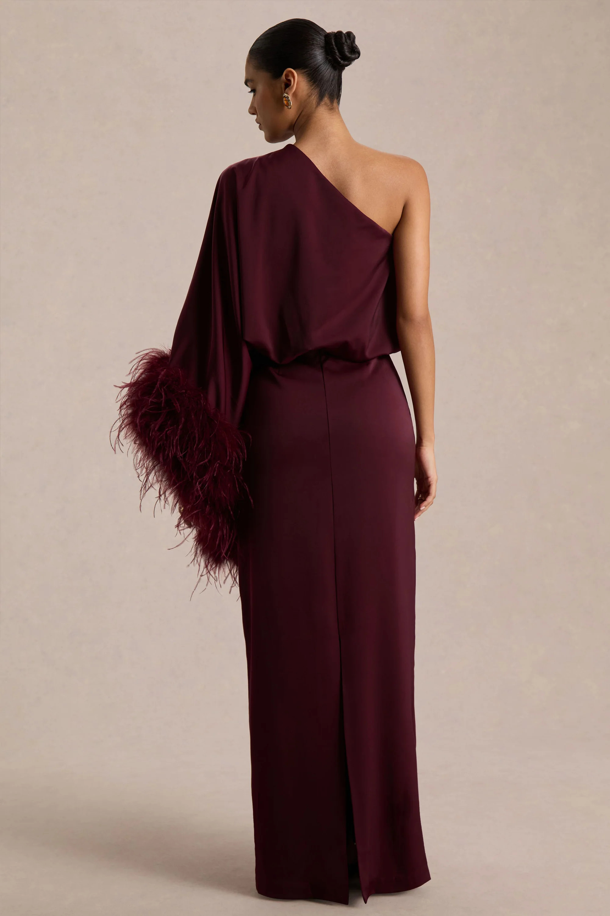 Felicity | Burgundy Satin Asymmetric-Neck Maxi Dress With Feather Detailing | Club L London
