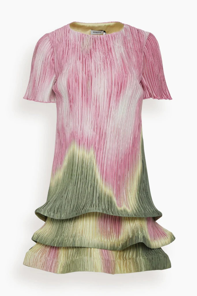 Zenon Short Sleeve Mini Dress in Olive Sunset Print | Hampden Clothing