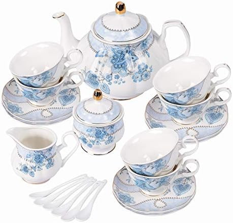 fanquare Blue Flowers Porcelain Tea Set,Tea Cup and Saucer Set,Service for 6,Wedding Teapot Sugar... | Amazon (US)